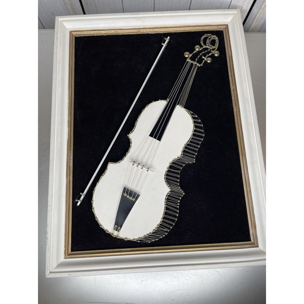 Vintage Velvet Violin & Bow String Art Hanging Wall Decor Black & White 80s